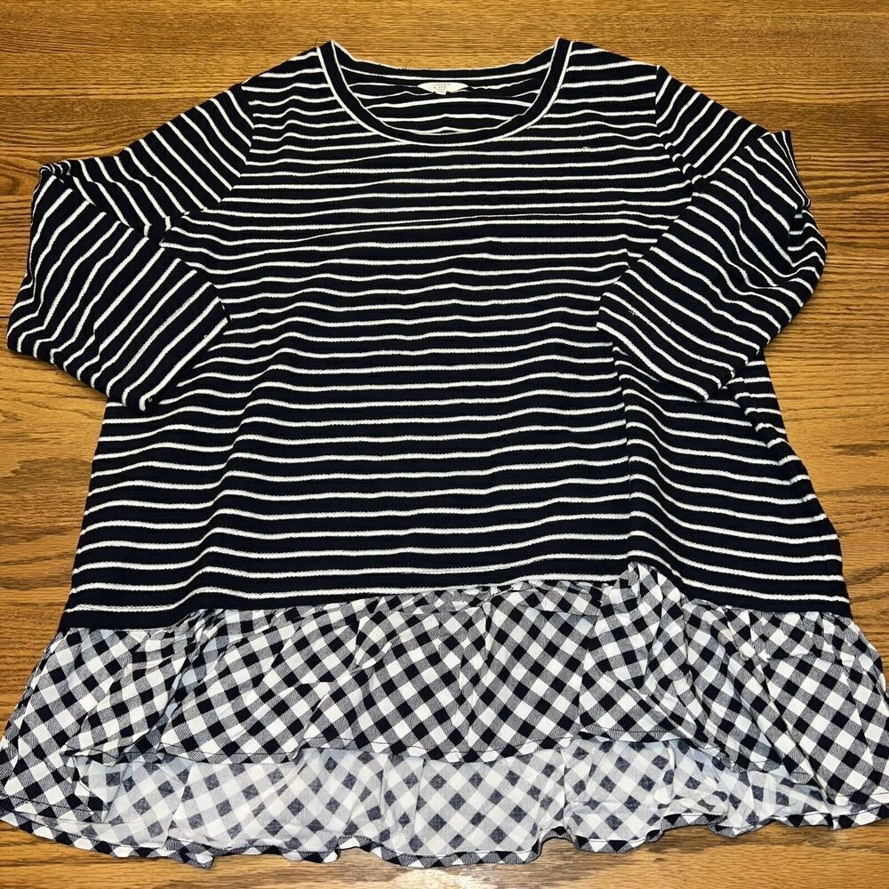 Crown & Ivy blue & white stripe & plaid 3/4 sleeve stretch top 1X